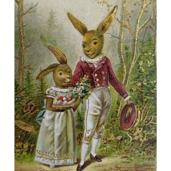 Easter Postcard Humanized Dressed Anthropomorphic Bunnies Rabbits Fantasy Forest - Picture 1 of 4